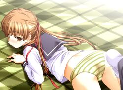 ass brown_eyes brown_hair clothing highres hizuki_mitsuna lying on_stomach panties ringetsu school_uniform serafuku striped striped_panties tied_hair twintails underwear