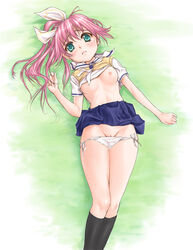 blush breasts erika_(pangya) kanda_aya kneehighs long_hair looking_at_viewer lying nipples no_bra pangya panties pink_hair pussy pussy_peek ribbon ribbons school_uniform serafuku shirt_lift side-tie_panties skirt skirt_lift socks underwear