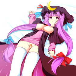 bandaid bandaid_on_pussy bed breasts female female_only hat human long_hair maebari nipples no_panties patchouli_knowledge purple_hair ribbon solo thighhighs touhou yako