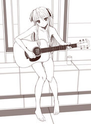 feet flat_chest guitar instrument long_hair monochrome nude pussy quiz_magic_academy shalon sitting yada_ei