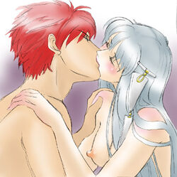 aozora_kyuuji blue_hair blush breasts closed_eyes couple eliwood_(fire_emblem) female fire_emblem fire_emblem:_the_blazing_blade hair_ornament hand_on_shoulder hands_on_shoulders head_tilt kissing long_hair lowres male manakete ninian_(fire_emblem) nipple nude red_hair romantic short_hair straight