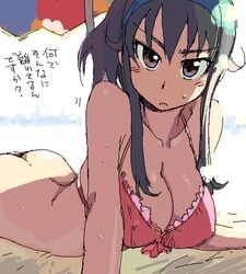 ass ass_cleavage bb bikini black_hair blush breasts brown_eyes butt_crack cleavage erect_nipples kusanagi_tonbo large_breasts long_hair lowres lying oekaki on_stomach original sweat swimsuit translated