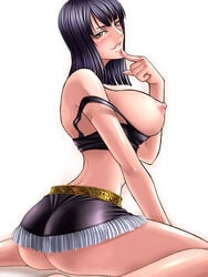 back black_hair blush breasts female female_only highres huge_breasts kagami kagami_hirotaka miniskirt miss_all_sunday nico_robin one_piece pre-timeskip short_hair skirt solo tank_top yellow_eyes