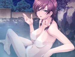 1girls boin braid breasts censored female female_only game_cg happoubi_jin kuouzumiaiginsusutakeizumonokamimeichoujin_mika nipples onsen resort_boin short_twintails solo tan tanline tied_hair twin_braids twintails water