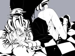 1male 1monster 1other ambiguous_gender androgynous blush bottomless crona_(soul_eater) faceless_male finger fingering fingers gloves head_grab masturbation monochrome monster overpowering pinned ragnarok_(demon_sword) rape sakurazawa_izumi saliva short_hair soul_eater spikes tears top-down_bottom-up wallpaper