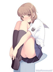 ass blush brown_hair clothing cruccu footwear kimi_kiss kneehighs mizusawa_mao no_panties pussy school_uniform serafuku shoes skirt socks uncensored