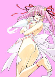 apron ass barefoot breasts copyright_request cream feet highres jewelry kuroda_kazuya naked_apron pink_eyes pink_hair ribbon soles toes