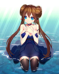 blue_eyes blush breasts brown_hair choker double_bun dress female large_breasts long_hair nintendo no_panties pokemon pokemon_bw2 pussy ririko_(zhuoyandesailaer) rosa_(pokemon) see-through sitting smile solo thighhighs tied_hair twintails water