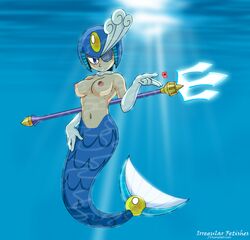 1girls 2008 android breasts irregular_fetishes mega_man mega_man(classic) mermaid polearm spear splash_woman topless trident underwater weapon wink