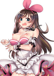 a.i._channel arm_garter bangs black_ribbon blue_eyes blush breasts breasts_out brown_hair choker dress dress_pull embarrassed female frilled_choker frills hairband kaorihero kizuna_ai long_hair looking_at_viewer medium_breasts multicolored_hair neck_ribbon nipples open_mouth pink_hairband ribbon simple_background solo streaked_hair swept_bangs virtual_youtuber wardrobe_malfunction white_background white_dress wrist_cuffs