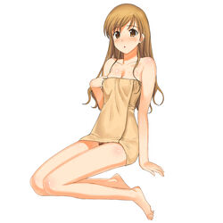 bare_shoulders barefoot blush brown_hair feet high_resolution maria-sama_ga_miteru naked_towel no_panties open_mouth orange_eyes pubic_hair pussy_peek shimako_toudou sitting toes towel wet