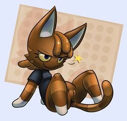 animal_crossing anthro blue_eyes bottomless brown_fur brown_hair clitoris clothed clothing dreadlocks english_text fangs feline female fur grin hair half-dressed katt_(animal_crossing) mammal nintendo presenting pussy solo spreading star teckworks text video_games