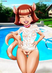 ann_gora anthro areola bbmbbf big_breasts bottomless breasts clothed clothing erect_nipples feline feline female half-dressed hi_res looking_at_viewer mammal nipples one_eye_closed pussy smile solo swat_kats wet_shirt wink