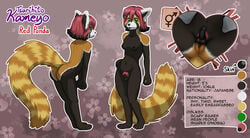 acru_jovian bent_over black_nipples black_penis breasts cherry_blossom claws fur green_eyes hair herm hi_res intersex kameyo_tsurihito long_tail mammal model_sheet nipples nude penis pink_hair plant pussy red_panda sheath short_hair simple_background text