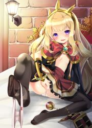 azuma_yuki blonde_hair cagliostro_(granblue_fantasy) cape crown cum cum_in_pussy female flat_chest granblue_fantasy long_hair open_clothes panties panties_around_one_leg purple_eyes solo thighhighs underwear