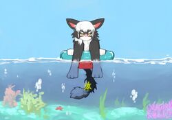 1boy annoyed anthro blush clothing feline floating inner_tube kay_(whiteleo) looking_at_viewer male male_only mammal sea solo swimming_trunks swimsuit water whiteleo young