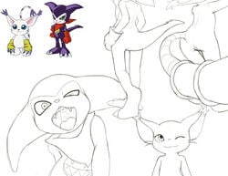 absurd_res anthro ass barely_visible_genitalia bust_portrait clothing digimon feline female gatomon gloves greyscale hi_res imp impmon male mammal monochrome neckerchief official_art open_mouth opencanvas perspective pinup pose pussy rear_view sharp_teeth sketch solo_focus spot_color standing teeth vytalibus whiskers wings