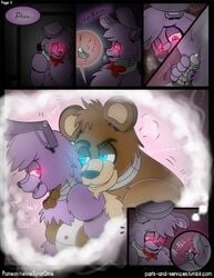 ! bear blue_eyes bonnie_(fnaf) bow_tie comic dialogue erection fantasy felinesyndr0me five_nights_at_freddy's freddy_(fnaf) lagomorph machine male/male mammal masturbation penis pink_eyes precum rabbit video_games watermark