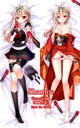 alternate_costume artist_name bare_shoulders barefoot black_legwear black_serafuku blonde_hair blush breast_hold breasts breasts_out clothes_down dakimakura female floral_print gradient_hair grandia_bing hair_flaps hair_ornament hair_ribbon hairclip japanese_clothes kantai_collection kimono licking_lips long_hair messy_hair multicolored_hair multiple_views panties panty_pull pussy red_eyes remodel_(kantai_collection) ribbon school_uniform serafuku smile socks thigh_strap tongue tongue_out torpedo turret underwear yuudachi_(kantai_collection)