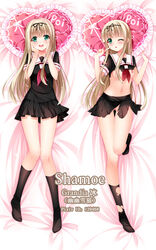 artist_name ascot bed_sheet black_legwear black_serafuku blonde_hair blush breasts breasts_out dakimakura female finger_to_cheek grandia_bing green_eyes hair_ribbon hands_on_own_cheeks hands_on_own_face heart heart_pillow kantai_collection long_hair multiple_views nipples no_bra no_panties one_eye_closed open_mouth pillow poi pussy ribbon school_uniform serafuku sheet_grab shirt skirt small_breasts socks torn_clothes torn_shirt torn_skirt torn_socks yuudachi_(kantai_collection)