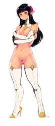 black_hair blush boots breasts cleavage covering_breasts elbow_gloves female gloves high_heels large_breasts long_hair milkcrown navel pointy_ears pubic_hair pussy sleeves smile solo standing thigh_boots