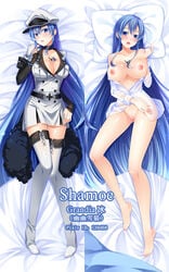 :o akame_ga_kill! artist_name bare_shoulders barefoot blue_eyes blue_hair blush breasts breasts_out choker cleavage dakimakura dress_shirt esdeath_(akame_ga_kill!) female grandia_bing hat large_breasts long_hair looking_at_viewer lying military military_uniform multiple_views nipples on_back peaked_cap pillow pussy shirt shirt_pull thighhighs uncensored uniform very_long_hair