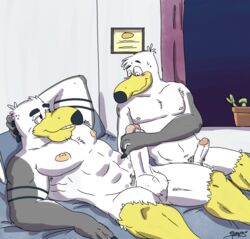 anthro avian ayden_(brogulls) bailey_(brogulls) balls bird brothers duo handjob humanoid_penis incest male penis seagull sibling skoogers yaoi