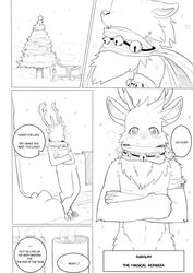 anthro antlers black_and_white blush cervine christmas comic crossed_arms cup duo english_text featureless_crotch hi_res holidays horn leaning leaning_back leo_(whiteleo) looking_at_viewer male_only mammal monochrome mostly_nude pecs reindeer rudolph_the_red-nosed_reindeer scarf sleigh smile snow speech_bubble standing text tree whiteleo winter