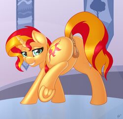 2015 absurd_res animal_genitalia anus ass clitoris cutie_mark edit equine equine_pussy female feral friendship_is_magic highres horn looking_at_viewer mammal multicolored_hair my_little_pony pussy raised_leg ratofdrawn smile solo sunset_shimmer two_tone_hair underhoof unicorn