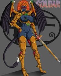 armor breasts goldar hi_res melee_weapon mighty_morphin_power_rangers nipple_piercing nipples piercing power_rangers pussy renezuo rule_63 sword weapon wings