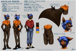 anthro bat blue_hair brown_fur clothed clothing flying_fox fruit_bat fur hair houkuko male male_only mammal model_sheet nikolas_reese nude orange_eyes orange_fur penis piercing simple_background solo spectacled_flying_fox wings yellow_eyes