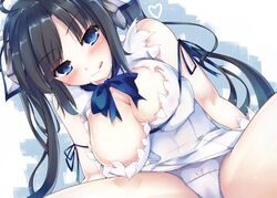 :q black_hair blue_eyes blush breasts cleavage cleavage_cutout dress dungeon_ni_deai_wo_motomeru_no_wa_machigatteiru_darou_ka erect_nipples female hair_ornament hair_ribbon heart hestia_(danmachi) large_breasts long_hair looking_at_viewer panties rei_no_himo ribbon simple_background sitting smile solo spread_legs tenchou_no_matsumoto tied_hair tongue tongue_out twintails underwear white_dress white_panties