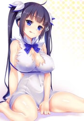 :q black_hair blue_eyes breasts cleavage covered_navel dungeon_ni_deai_wo_motomeru_no_wa_machigatteiru_darou_ka female hair_ribbon hestia_(danmachi) large_breasts long_hair looking_at_viewer rei_no_himo ribbon shura_no_suke sitting solo tied_hair tongue tongue_out twintails wariza