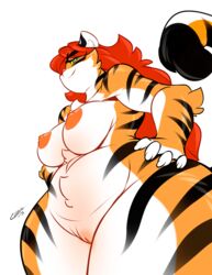 anthro areola big_breasts black_stripes blue_eyes breasts chalo feline female fur hair jenny_biggs las_lindas long_hair mammal mother nipples nude orange_fur parent pussy red_hair slightly_chubby stripes thick_thighs tiger white_fur wide_hips