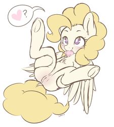 2015 ? ass blonde_hair blush chest_tuft condom condom_in_mouth dock equine female feral fur hair heart iatric lying mammal my_little_pony on_back pegasus presenting pussy simple_background solo spread_legs spreading surprise_(mlp) tuft underhoof white_background white_fur wings