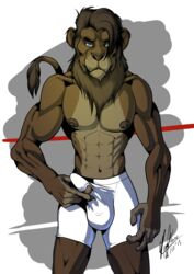 1boy 2015 abs anthro areola biceps big_muscles blue_eyes bulge clothed clothing erection erection_under_clothes feline fighting_ring fur hair half-closed_eyes half-dressed hi_res legwear lion lonewolf_(343) looking_at_viewer male male_only mammal mane masturbation muscular muscular_male navel nipples pecs pinup pose simple_background solo standing stroking tenting tights topless torso whiskers