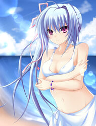 bare_shoulders beach blue_hair blush breasts cloud female hair_ribbon highres koi_ga_saku_koro_sakura_doki long_hair purple_eyes ribbon sky smile solo swimsuit tsukishima_yuuri vesperia