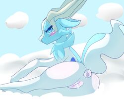 anus blush cloud cum cum_inside featherystorm female feral from_behind hi_res legendary_pokemon looking_at_viewer lying nintendo pokémon_(species) pokemon pokemon_(species) pussy raised_tail shiny_pokemon snow video_games xerneas