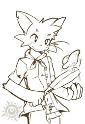 1boy anthro blush clothing cooking erection feline front_view frying_pan hi_res humanoid_penis kay_(whiteleo) male male_only mammal monochrome open_clothes open_pants open_shirt pants penis poking_out shirt signature smile solo standing whiskers whiteleo