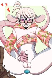 anthro balls blush bottomless buttplug circumcised clothed clothing eyewear fur girly glasses grey_fur grin hair half-dressed humanoid_penis mammal mitarashi mouse navel penis purple_eyes rodent sex_toy simple_background white_fur white_hair