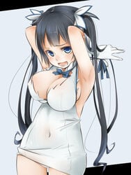 akino_shuu arm_ribbon armpits arms_up bare_shoulders black_hair blue_eyes blush bow breasts cleavage cleavage_cutout covered_navel dress dungeon_ni_deai_wo_motomeru_no_wa_machigatteiru_darou_ka female gloves hair_ornament hair_ribbon hestia_(danmachi) large_breasts long_hair looking_at_viewer open_mouth panties rei_no_himo ribbon short_dress sleeveless sleeveless_dress solo tied_hair twintails underwear white_dress white_gloves white_panties