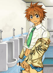 1boy balls bangs blush brown_hair censored clenched_teeth collared_shirt cropped_legs crossdressing cum cum_drip erection erection_under_clothes erection_under_skirt green_necktie indoors jacket long_sleeves looking_at_viewer male male_only male_pubic_hair miniskirt mosaic_censoring necktie no_panties penis penis_out penis_under_clothes penis_under_skirt pointless_censoring pubic_hair school school_uniform shirt shirt_lift skirt skirt_lift solo spiked_hair striped striped_skirt student teeth toilet trap underwear undressing urinal vertical-striped_skirt white_shirt