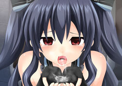 bare_shoulders black_hair blush cum cum_in_mouth cum_on_tongue fellatio female gloves long_hair neptunia_(series) open_mouth oral penis rape red_eyes solo solo_focus tears uni_(neptunia) vesperia