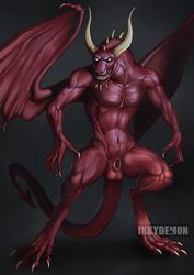 1boy abs anthro balls claws demon digitigrade grin hi_res horn inkydemon looking_at_viewer male male_only muscular muscular_male navel no_pupils nude pecs red_skin sharp_teeth simple_background smile smirk solo spade_tail standing teeth toothy_grin white_eyes wings