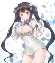 arm_ribbon black_hair blue_eyes breasts cleavage dress dungeon_ni_deai_wo_motomeru_no_wa_machigatteiru_darou_ka female g.t gloves hair_ornament hair_ribbon hestia_(danmachi) long_hair long_twintails rei_no_himo ribbon smile solo tied_hair twintails white_dress