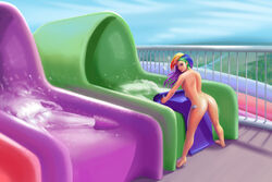 ass back breasts cutie_mark female female_only friendship_is_magic human human_only humanized jay156 long_hair looking_at_viewer multicolored_hair my_little_pony nude outdoors pink_eyes rainbow_dash_(mlp) smooth_skin solo standing water water_slide