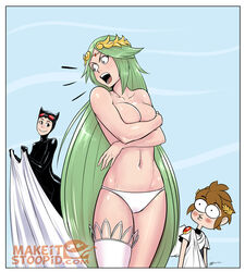 2015 2girls anger batman_(series) black_eyes blush bodysuit breasts brown_hair catwoman clothes_thief covering covering_breasts crossover dc dc_comics dress eastern_and_western_character gem goggles goggles_on_head green_eyes green_hair izra kid_icarus kid_icarus_uprising long_green_hair long_hair male multiple_girls navel nintendo open_mouth palutena panties pit pit_(kid_icarus) selina_kyle short_hair single_thighhigh smile source_request thighhighs tiara toga topless underwear very_long_hair wide_eyed wings