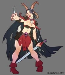 2015 baphomet boots cape dieselbrain fangs female full-length_portrait full_length gem horns knight monster_girl necklace portrait skimpy_clothes skull solo standing sword tongue tongue_out vampire weapon