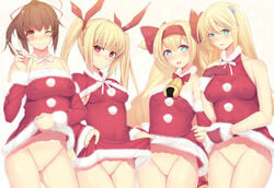 4girls blazblue blonde_hair blush brown_eyes brown_hair celica_a_mercury censored christmas christmas_outfit covered_nipples daiaru dress dress_lift gloves hair_ribbon long_hair multiple_girls no_panties noel_vermillion one_eye_closed platinum_the_trinity pussy pussy_juice rachel_alucard red_eyes ribbon santa_costume tied_hair twintails