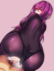 1boy 1girls absurdres ass blush bodysuit breasts breath burgundy_hair censored clothed_sex cum cum_in_pussy ebon_umax fate/grand_order fate/stay_night fate_(series) female fringe highres large_breasts long_hair looking_back penis purple_hair pussy red_eyes scathach_(fate) sex slim solo_focus straight torn_bodysuit torn_clothes underwear vaginal_penetration